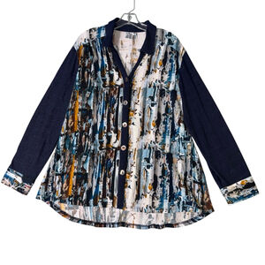 Women's Parsley & Sage Button Down Tunic Shirt XL Blue Brown Abstract Artsy